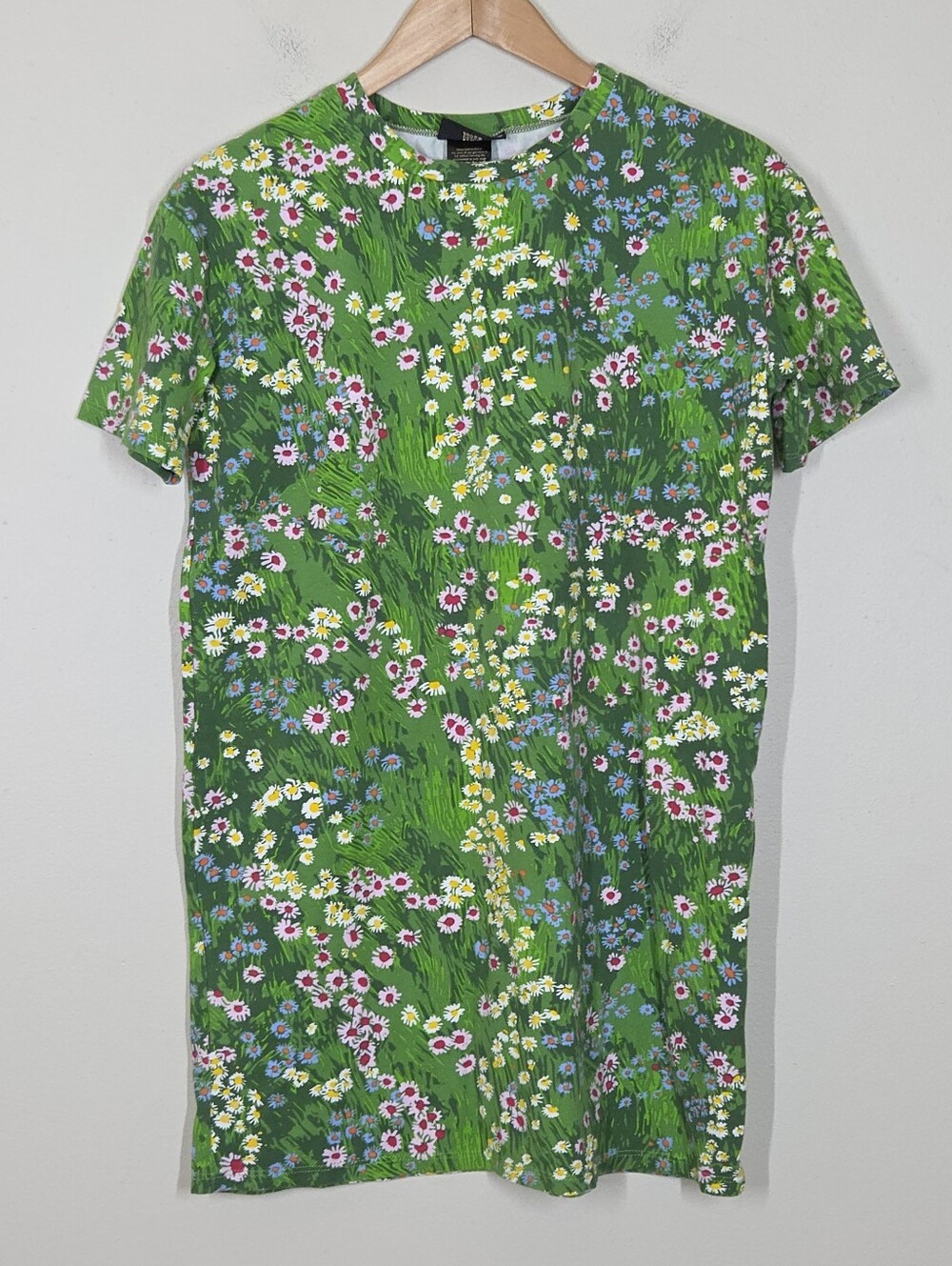 Nooworks Tee Dress Meadow Green Floral Cotton Blend Small Boho Festival Artsy